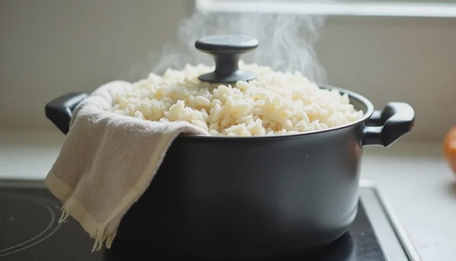 Rice resting covered after cooking to finish steaming