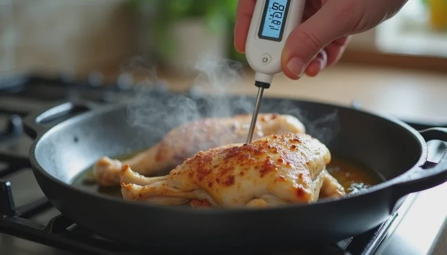 Checking chicken temperature with an instant-read thermometer in a skillet