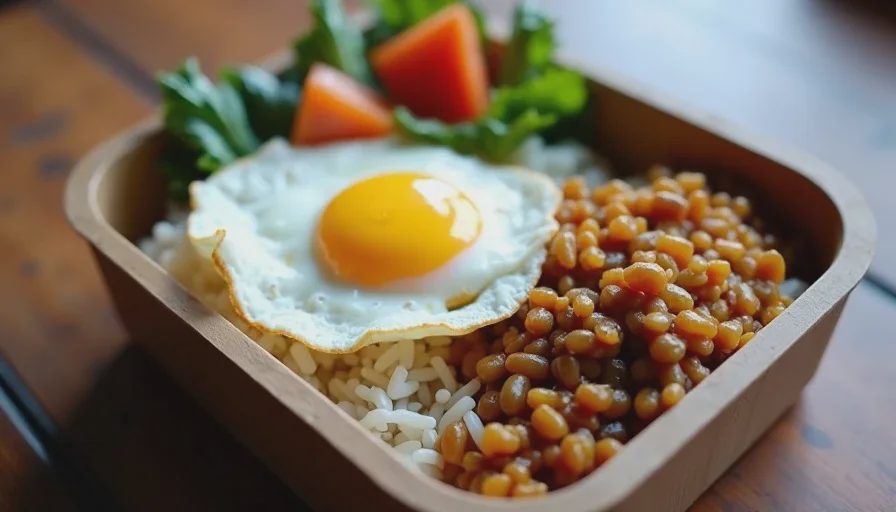 A complete lunch made from the $8 haul One of the finished budget lunch bowls with egg and lentils