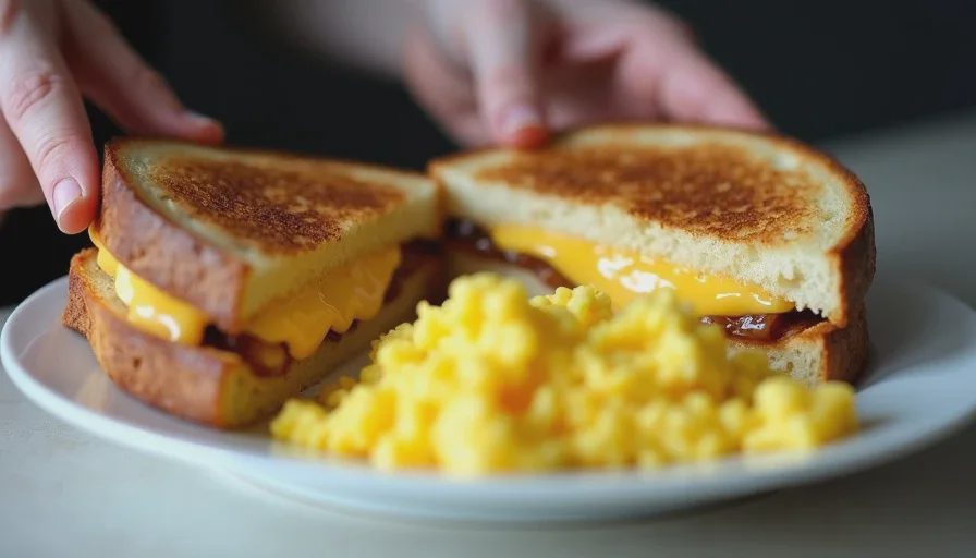Two different meals from the same short list of ingredients Grilled cheese sandwich and scrambled eggs made from basic ingredients