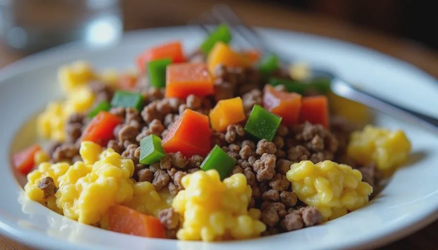 Plate of scrambled eggs with ground beef and mixed vegetables