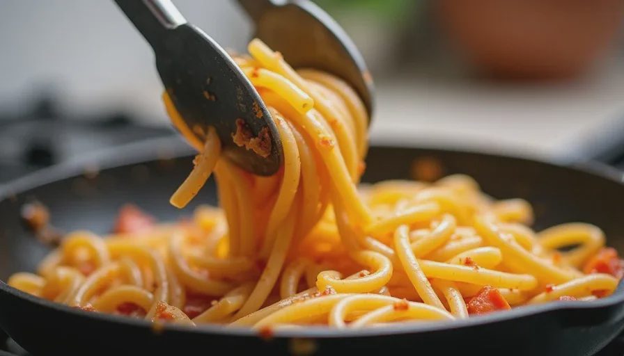 Tossing pasta in the pan to coat with sauce