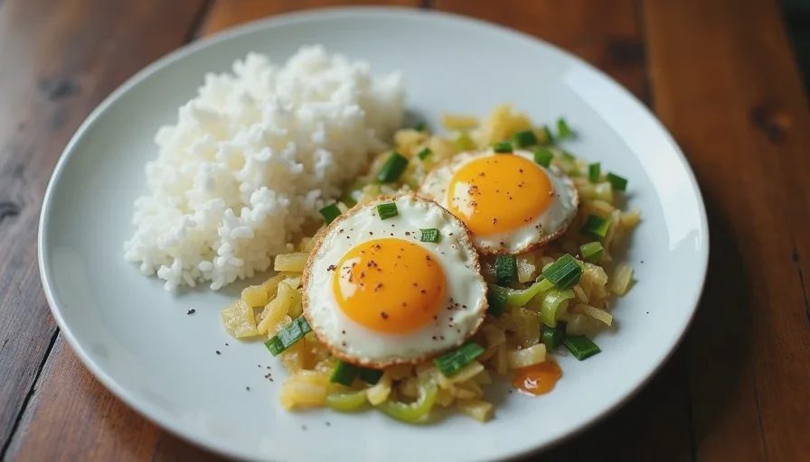 Plate of cabbage and egg stir-fry with rice