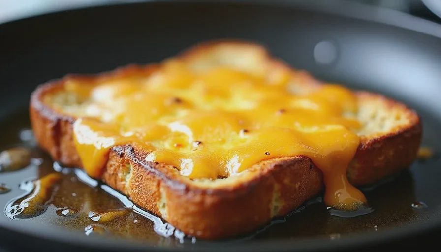Stretching eggs and bread into a more substantial meal Cheese-topped eggy bread cooking in a skillet