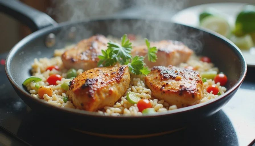 One-pan chicken thighs with rice and mixed vegetables cooking on a hot plate