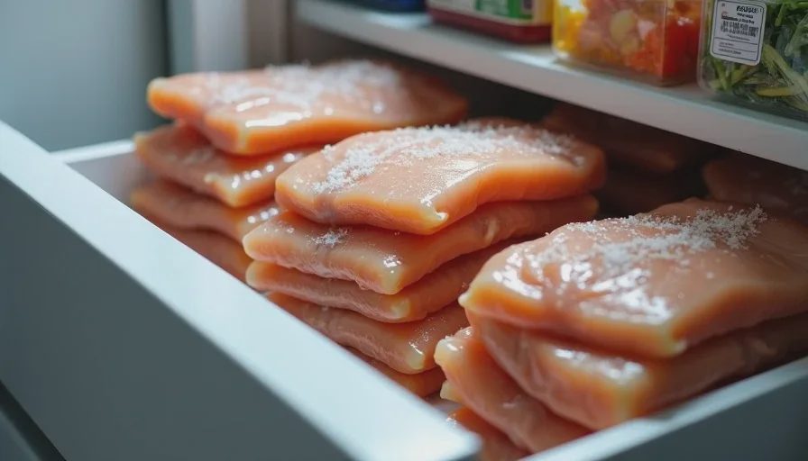 Frozen chicken packages stored in a home freezer