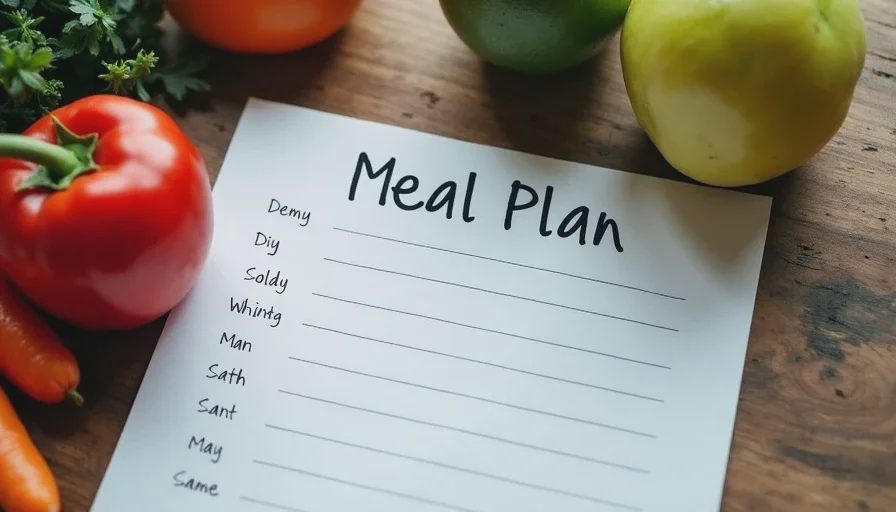 Rough meal plan that turns the $55 list into a full week of food Handwritten meal plan beside budget grocery staples