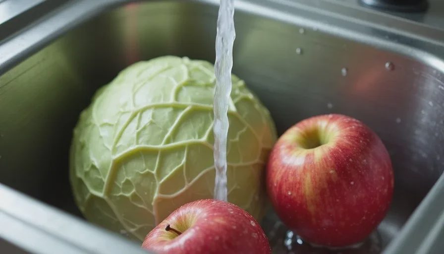 Washing conventional produce under running water