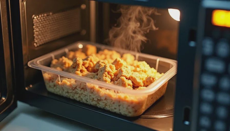 Reheating a typical meal-prep container of chicken and rice