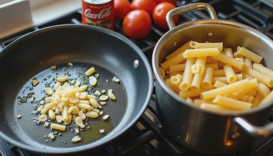 Pasta boiling while garlic and tomatoes cook in a skillet
