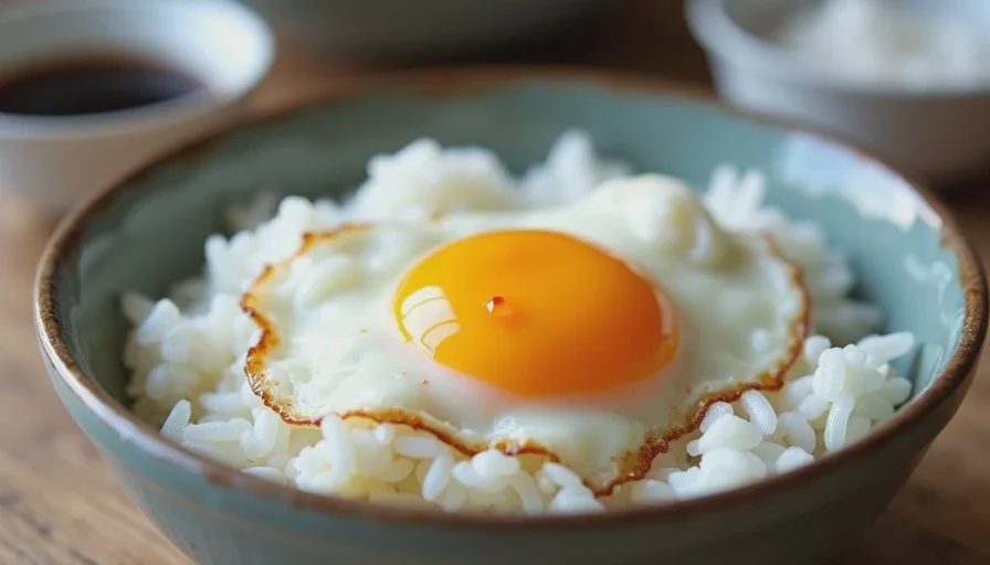 Simple rice and egg meal served as a deliberate comfort dish