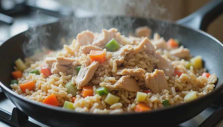 Using leftover chicken to build a fast second meal Shredded rotisserie chicken added to a rice and vegetable skillet
