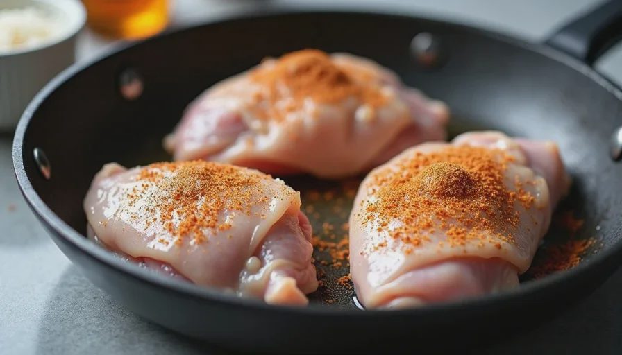 Ingredients for budget chicken thighs and rice before cooking Seasoned raw chicken thighs and rice ready for one-pan cooking