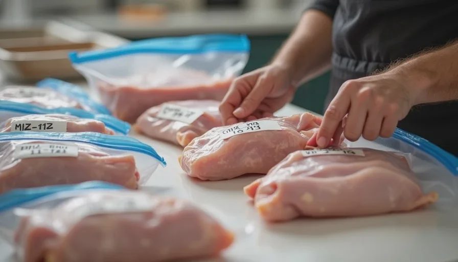 Portioning raw chicken into freezer bags for storage