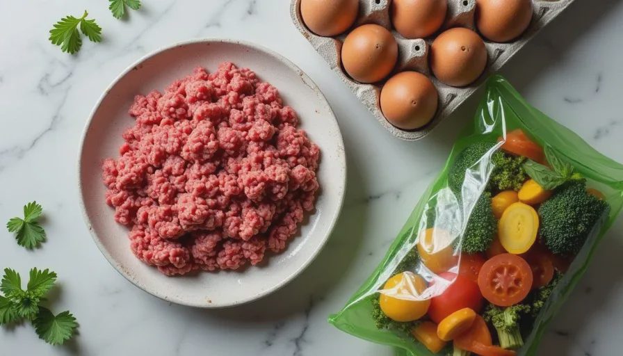 Ground beef eggs and frozen vegetables as the only main ingredients