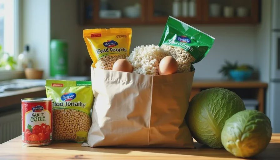 Budget grocery haul under $35 including rice, eggs, lentils, and vegetables