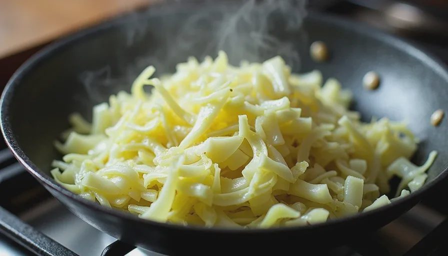 Shredded cabbage sautéing in a pan with onions