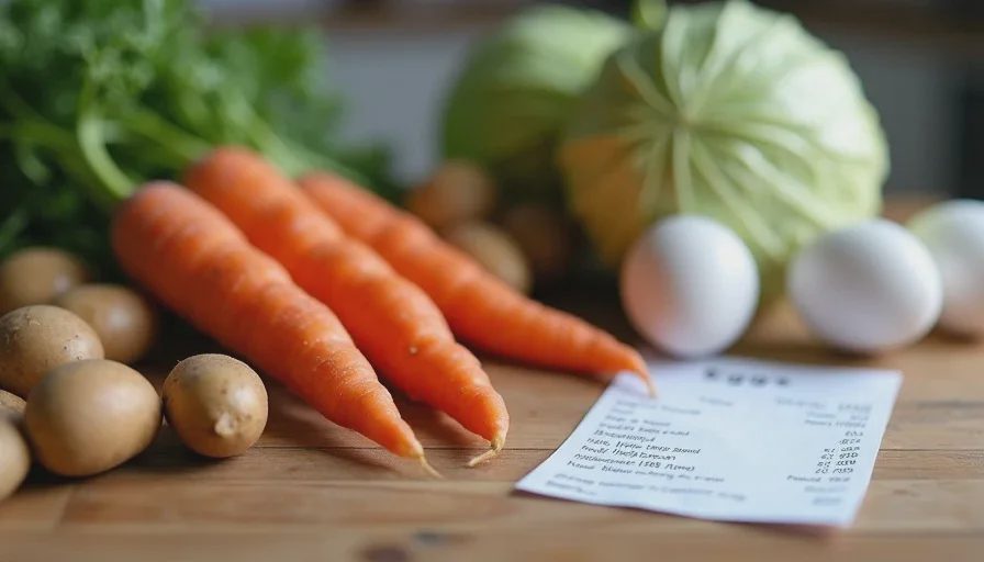 Affordable conventional produce and eggs on a kitchen counter