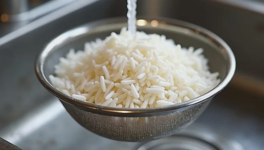 Rinsing raw rice in a strainer before cooking